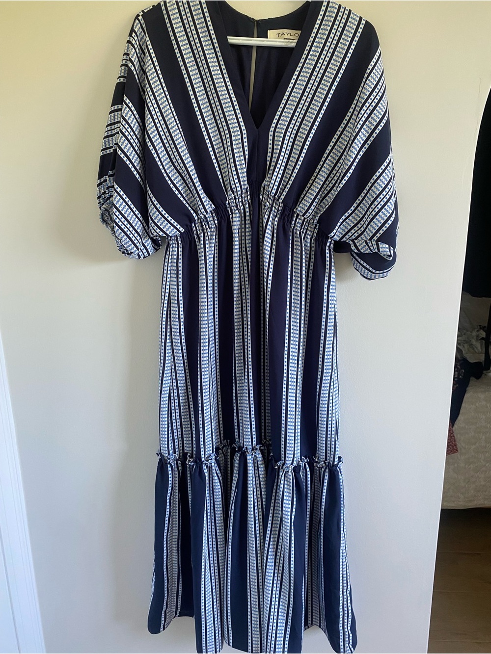 Taylor Navy & White Striped V-Neck Tiered Maxi Dress
